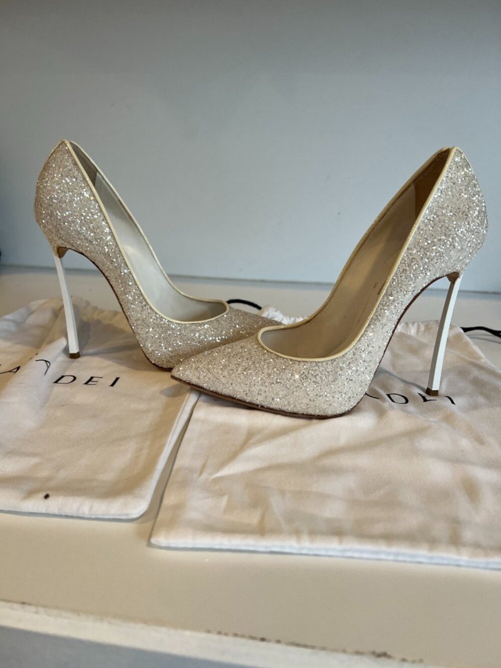 Casadei White Sparkle Bridal Blade Pumps Size 9.5 Gently Worn